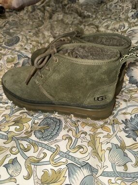 UGG Olive Suede Lace-Up Ankle Boots with Shearling
